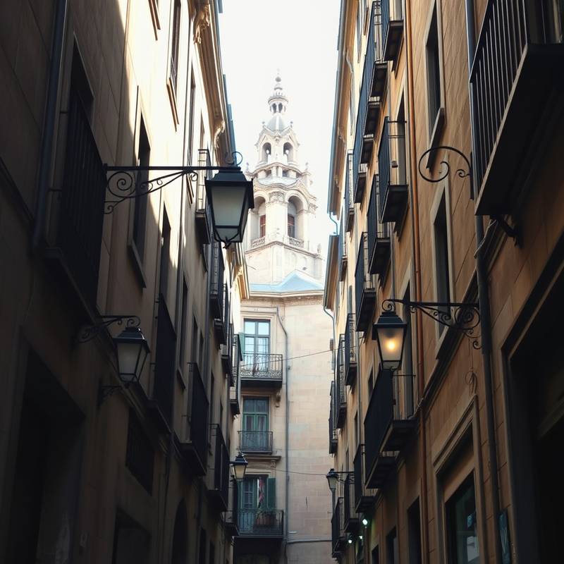 Calle estrecha en el Barrio Gótico de Barcelona, con edificios antiguos y faroles de época.
