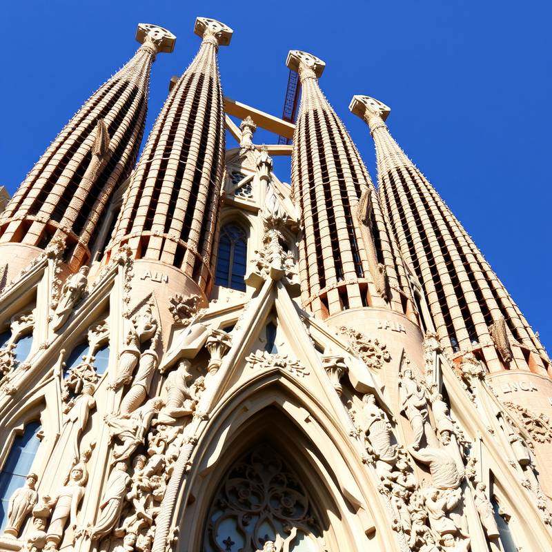 Detalle de la fachada de la Sagrada Familia en Barcelona, mostrando su intrincada arquitectura.
