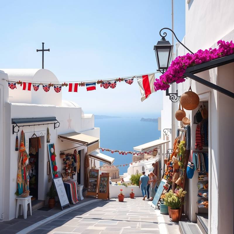 Detalle de una calle en Fira, la capital de Santorini, con tiendas de recuerdos y vistas al mar.