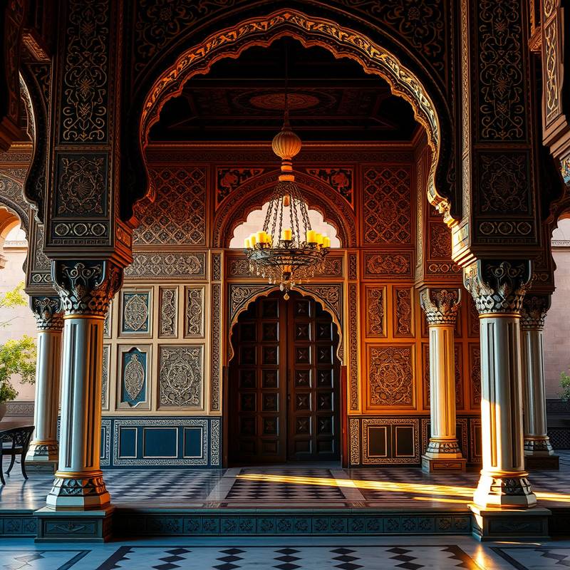 Detalles arquitectónicos intrincados en el Palacio de la Bahía en Marrakech.