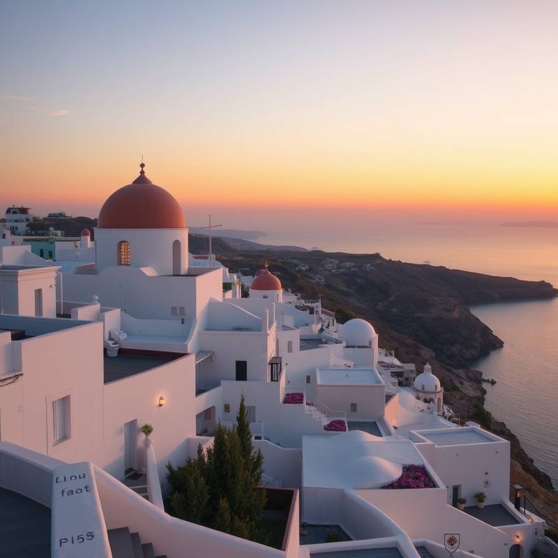 Imagen de un atardecer espectacular en Santorini, con colores cálidos reflejados en el mar y las casas blancas.