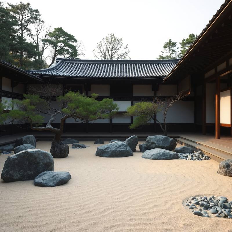 Jardín zen en el Templo Ryoan-ji en Kioto, con rocas y arena cuidadosamente dispuestas.