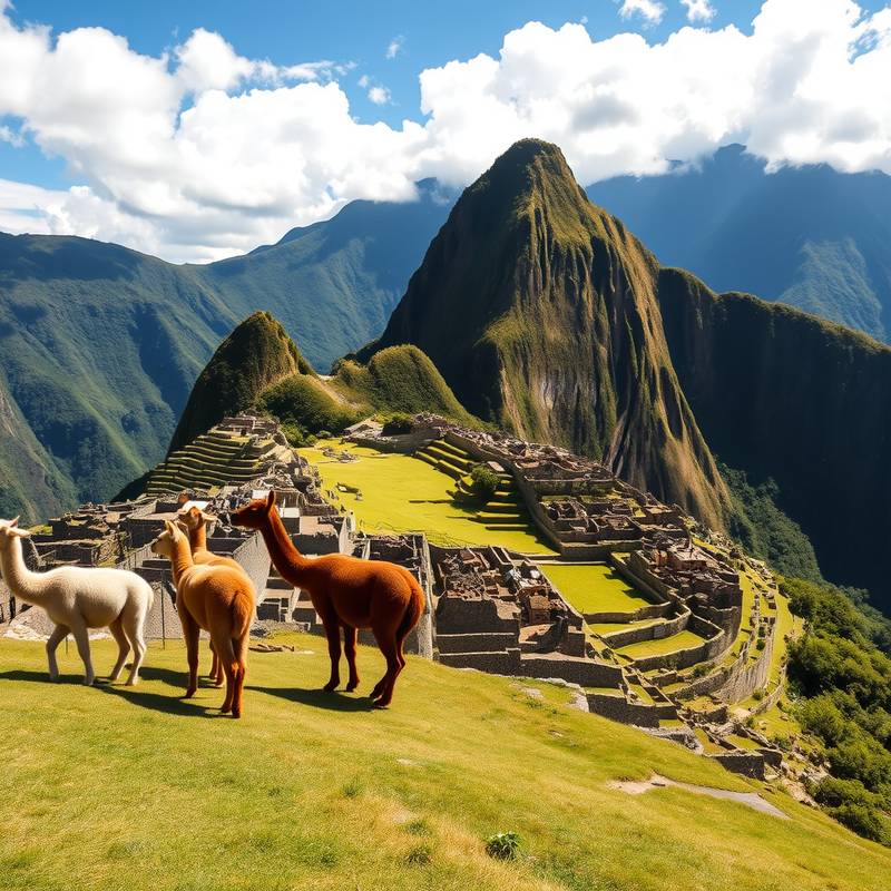 Llamas pastando en las terrazas de Machu Picchu.