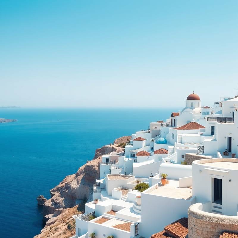 Paisaje de Santorini, Grecia, con sus casas blancas y el mar Egeo azul.
