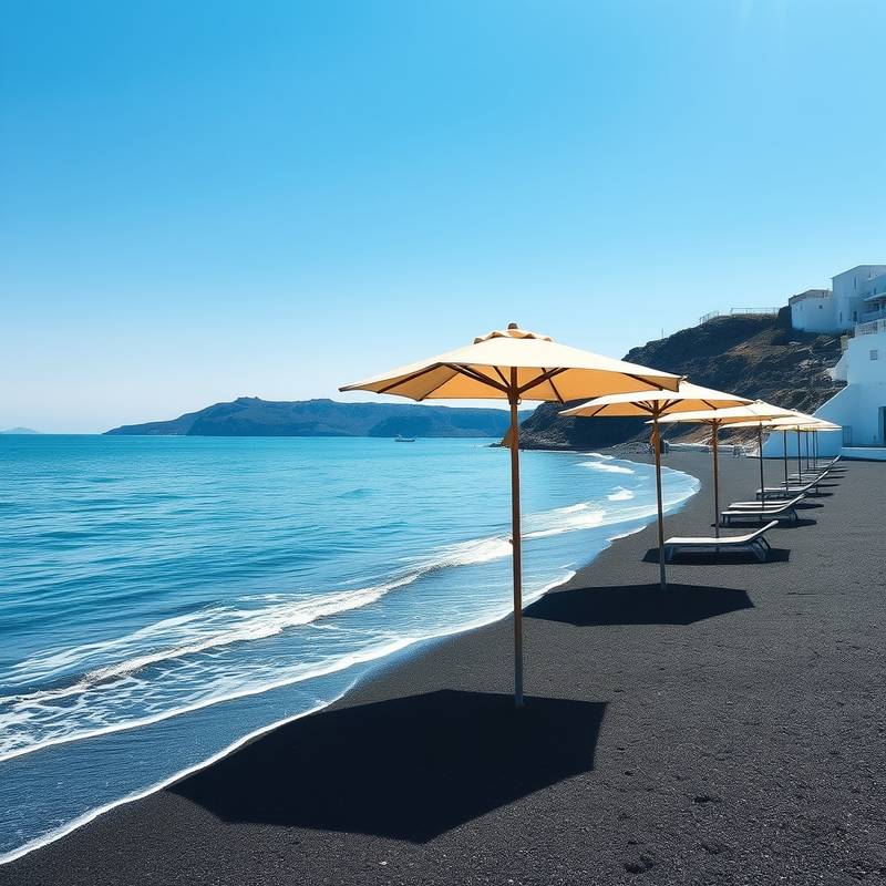 Playa de arena negra en Santorini, con sombrillas y tumbonas, invitando al relax y al disfrute del sol.