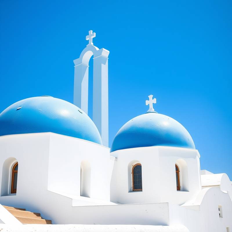 Primer plano de una iglesia blanca con cúpula azul en Santorini, destacando la arquitectura típica de la isla.