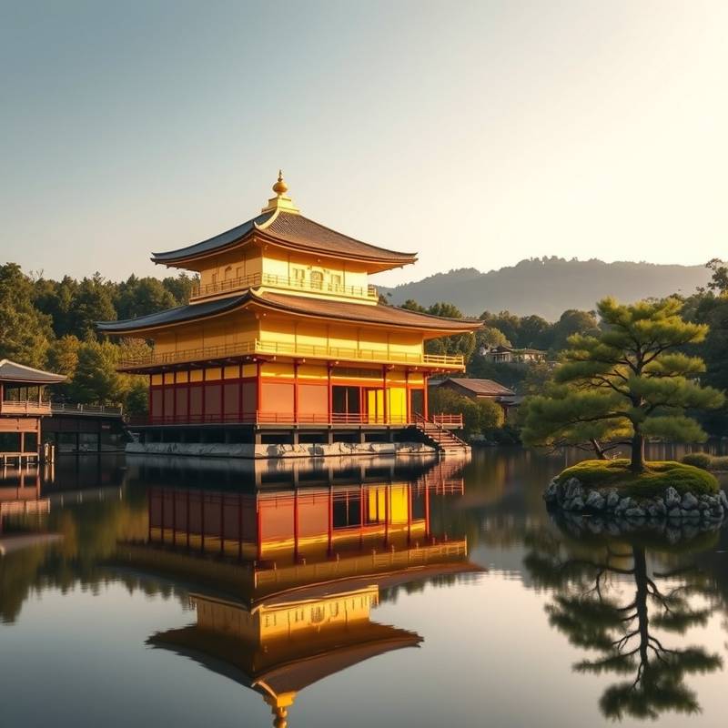 Templo dorado Kinkaku-ji en Kyoto, Japón, reflejado en el agua.