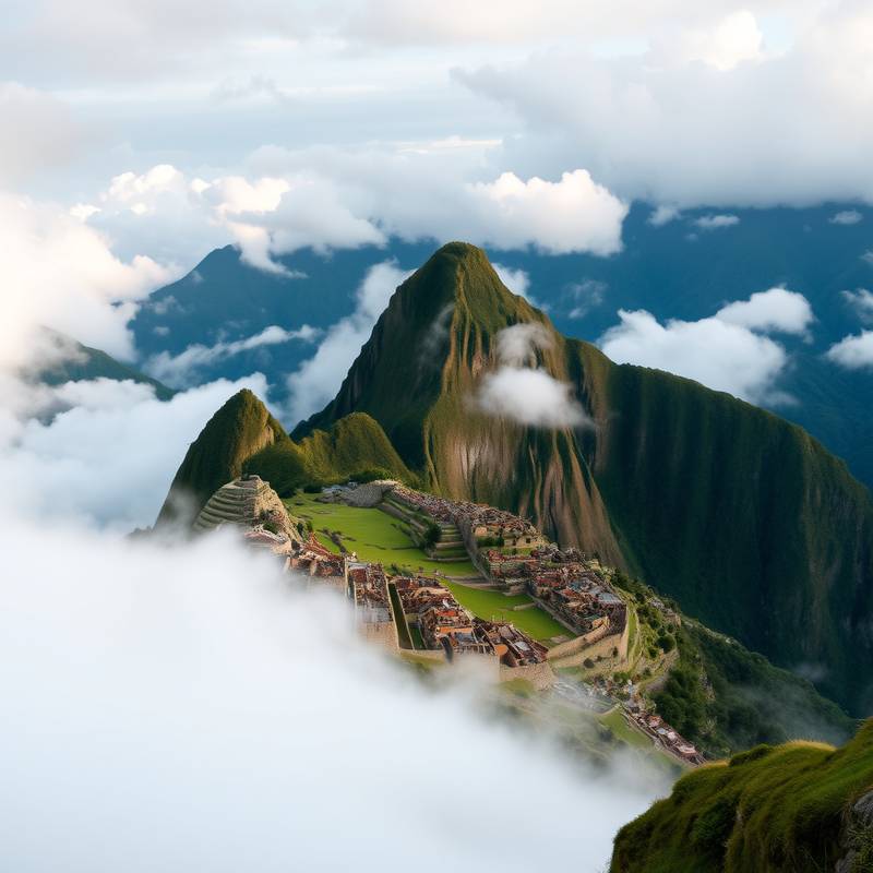 Una panorámica desde Machu Picchu mostrando las montañas y las nubes.