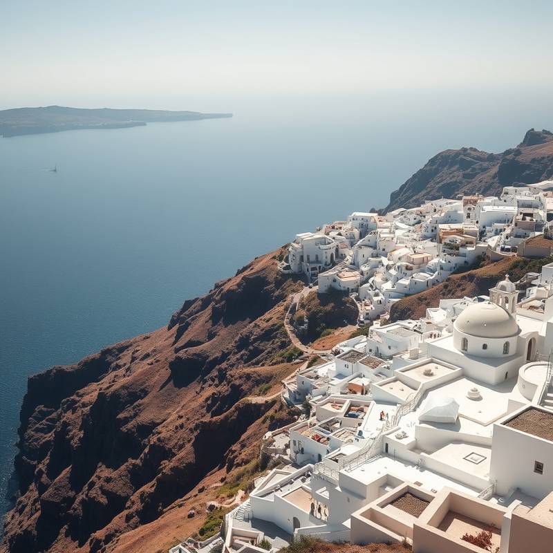 Vista aérea de la caldera de Santorini, mostrando la belleza volcánica de la isla y sus pueblos en los acantilados.