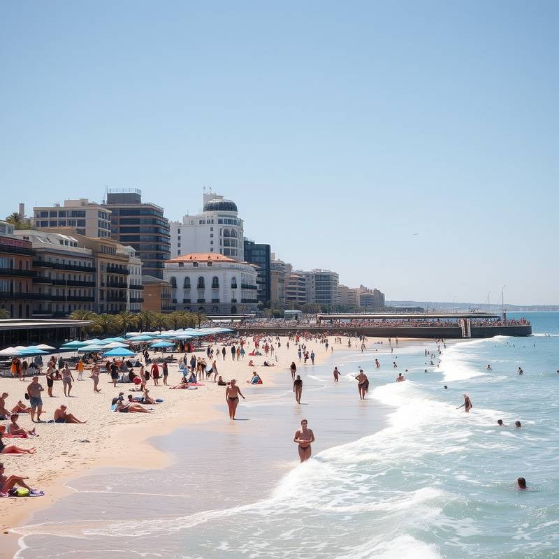 Vista de la playa de la Barceloneta en Barcelona, con personas disfrutando del sol y el mar.