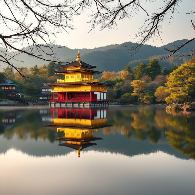 Vista del Kinkaku-ji (Pabellón Dorado) en Kioto, reflejado en el lago.