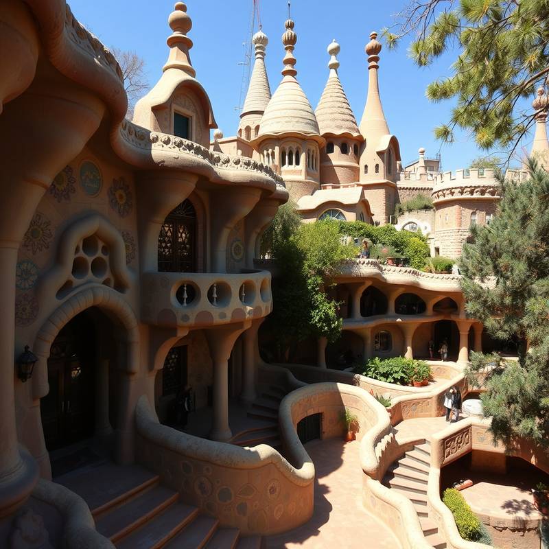 Vista del Park Güell en Barcelona, con sus coloridos mosaicos y formas orgánicas diseñadas por Gaudí.