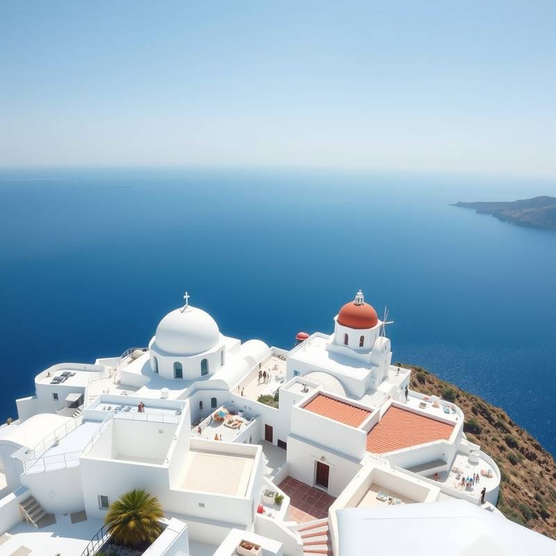 Vista panorámica de Oia, Santorini, con sus icónicas casas blancas y el mar Egeo azul.
