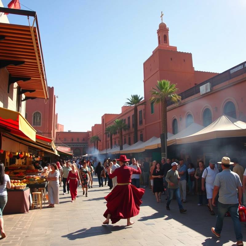 Vista vibrante de la plaza Jamaa el-Fna en Marrakech, Marruecos, con puestos de comida y artistas callejeros.